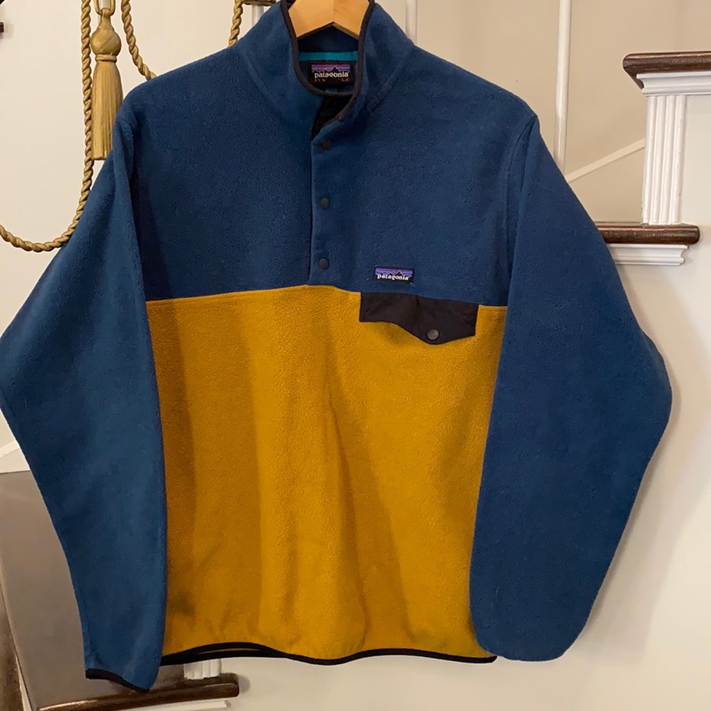 Patagonia fleece pullover, gold and teal, size M